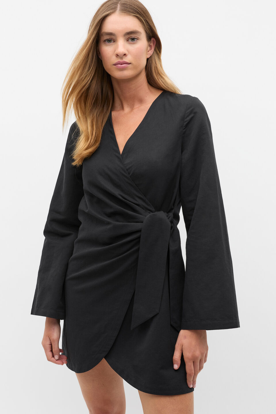 Tie Waist Wrap Mini Dress  Black