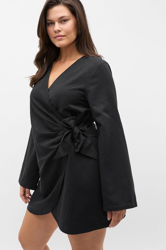 Tie Waist Wrap Mini Dress  Black  hi-res