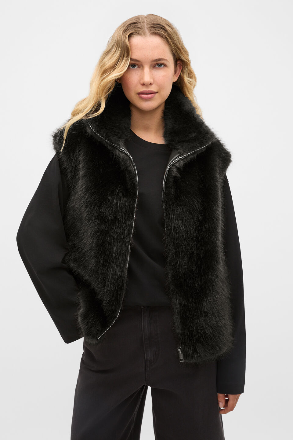 Faux Fur Zip Through Vest  Black