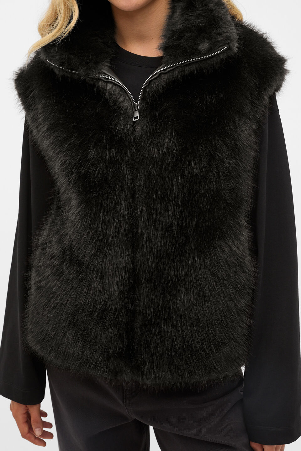 Faux Fur Zip Through Vest  Black