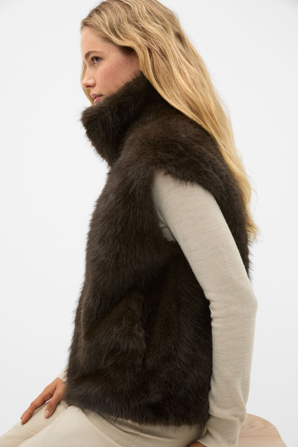 Faux Fur Zip Through Vest  Coffee Bean
