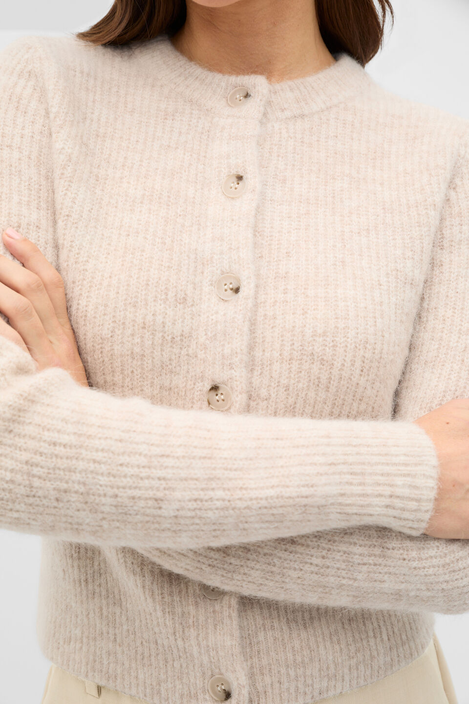 Alpaca Blend Fitted Cardigan  Cashew Cream Marle