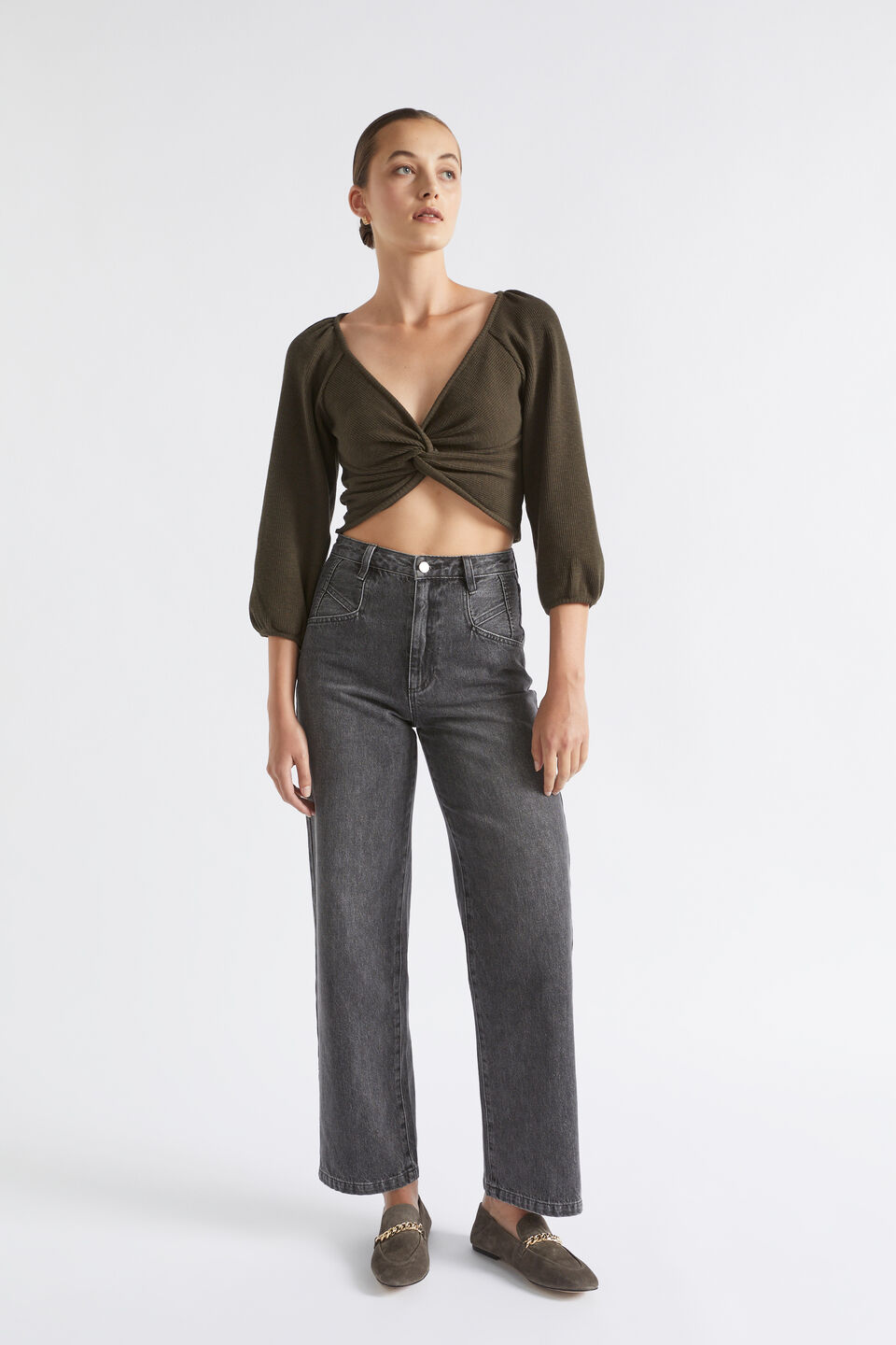 Twist Front Rib Top  Dark Fern