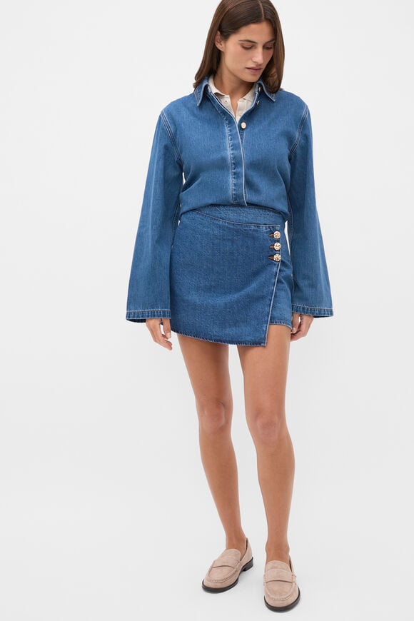 Denim Wrap Mini Skirt  Mid Indigo Denim  hi-res