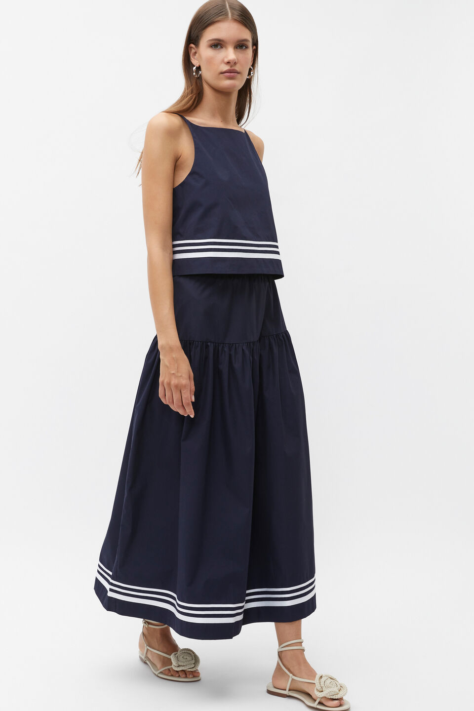 Poplin Stripe Trim Top  Midnight Sky