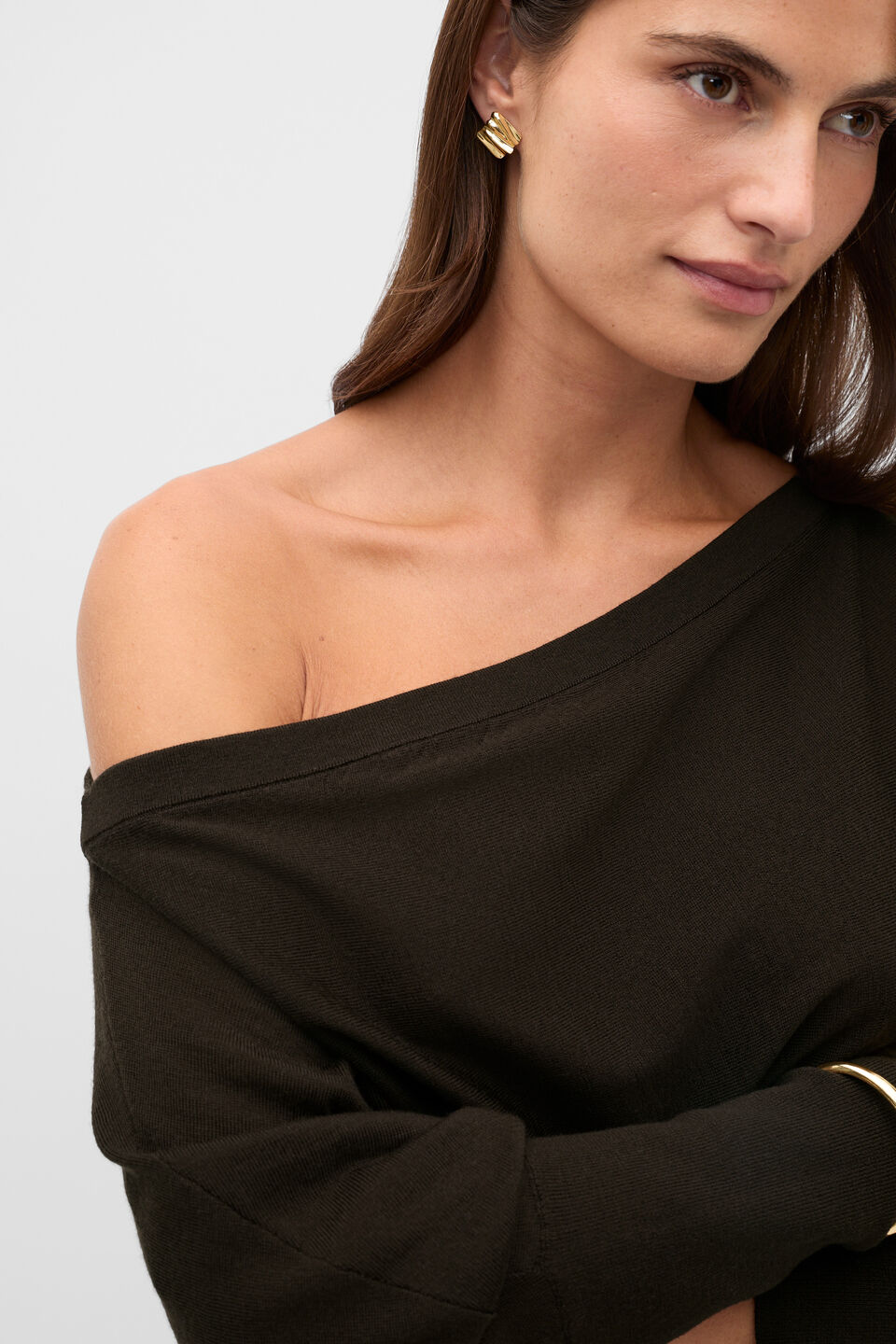 Wool Blend Off Shoulder Knit  Coffee Bean