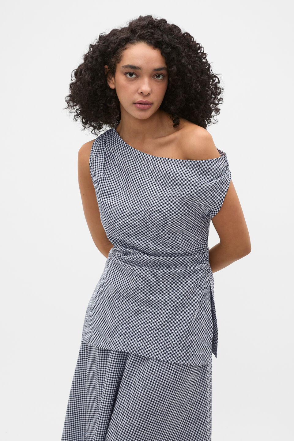 Linen Gingham Asymmetrical Top  Twilight Blue Gingham