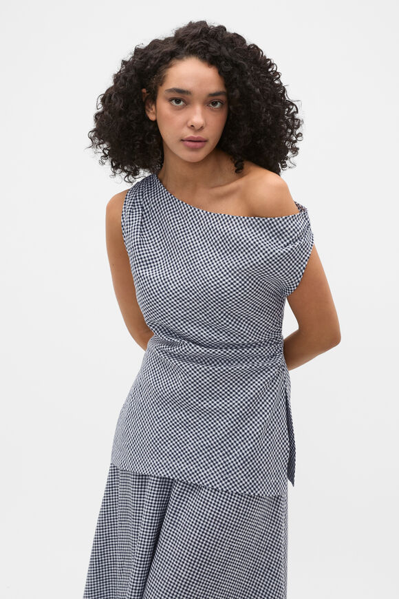 Linen Gingham Asymmetrical Top  Twilight Blue Gingham  hi-res