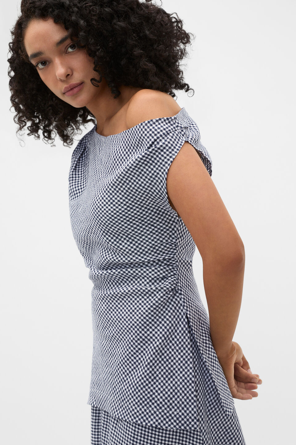 Linen Gingham Asymmetrical Top  Twilight Blue Gingham