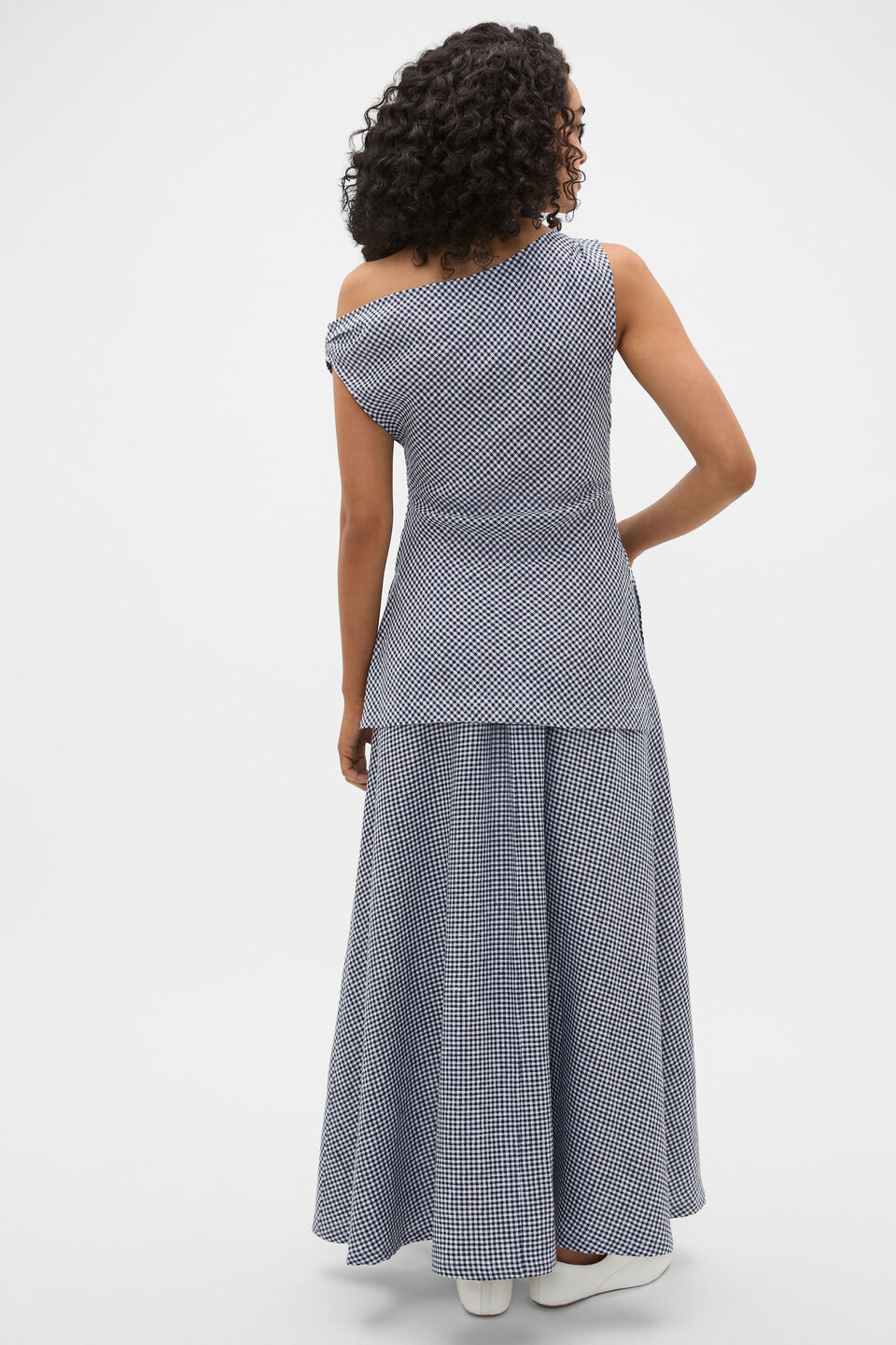 Linen Gingham Asymmetrical Top  Twilight Blue Gingham