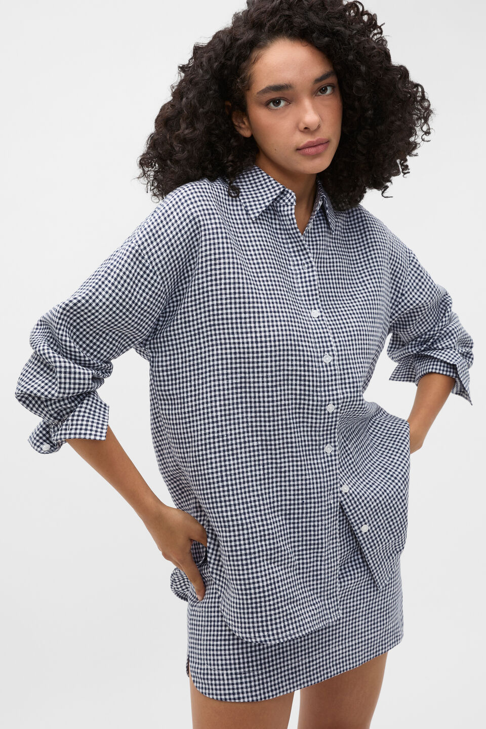 Linen Gingham Oversized Shirt  Twilight Blue Gingham