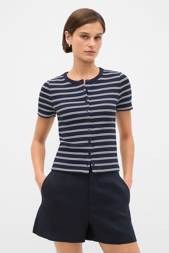 Button Through Rib Top  Twilight Blue Stripe  hi-res
