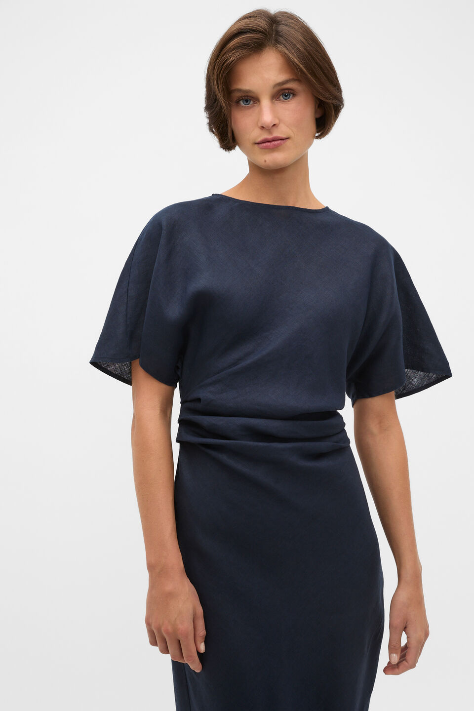 Linen Tuck Waist Midi Dress  Twilight Blue
