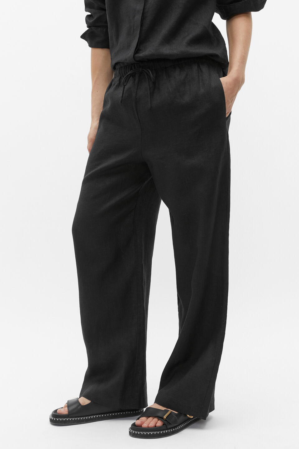 Core Linen Wide Leg Tie Pant  Black