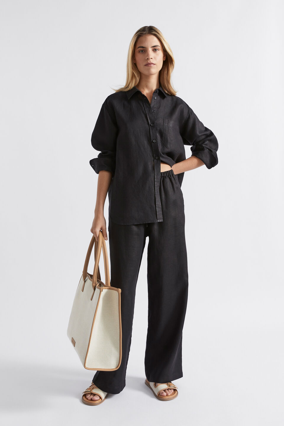 Core Linen Wide Leg Tie Pant  Black
