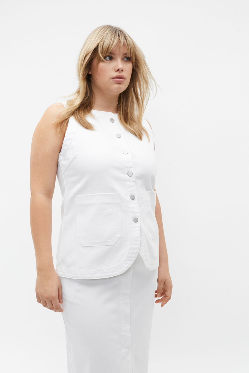 Denim Button Down Vest  White