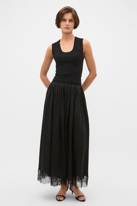 Crinkled Satin Lace Trim Skirt  Black  hi-res