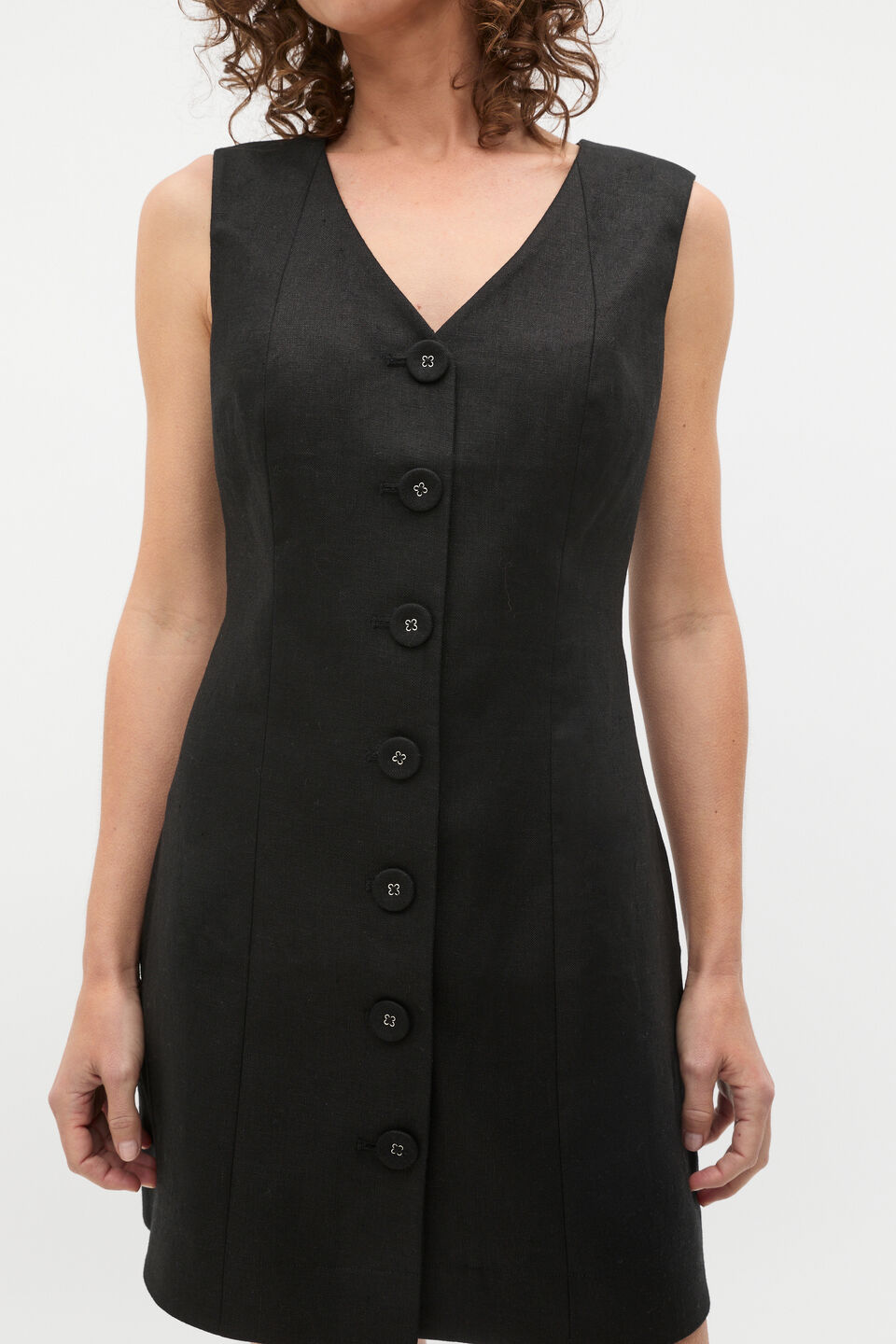 Linen V Neck Button Mini Dress  Black