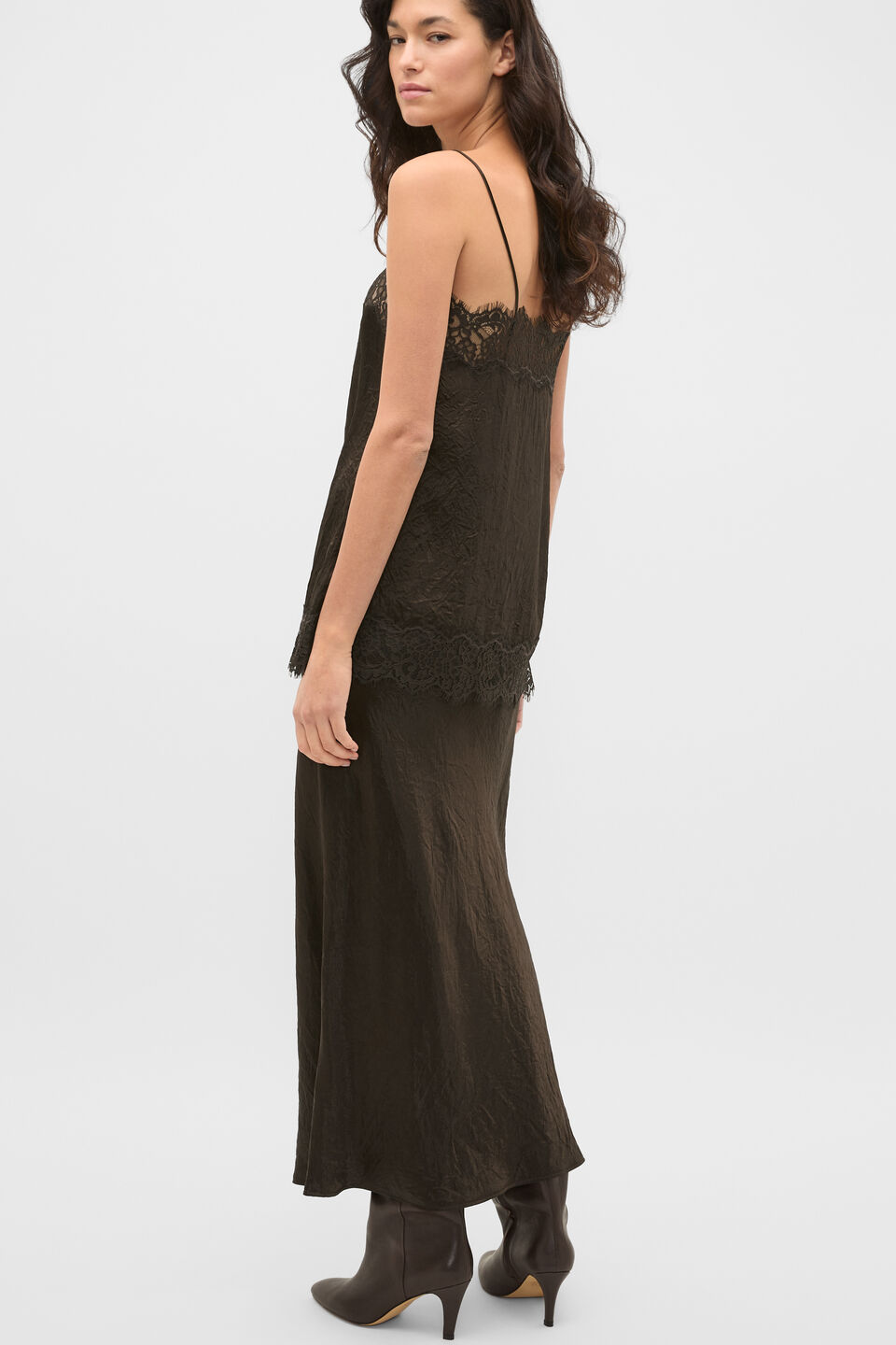 Crinkled Satin Lace Square Neck Cami  Coffee Bean