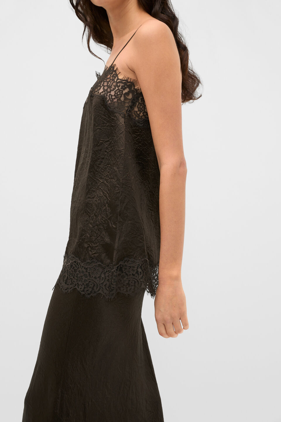 Crinkled Satin Lace Square Neck Cami  Coffee Bean