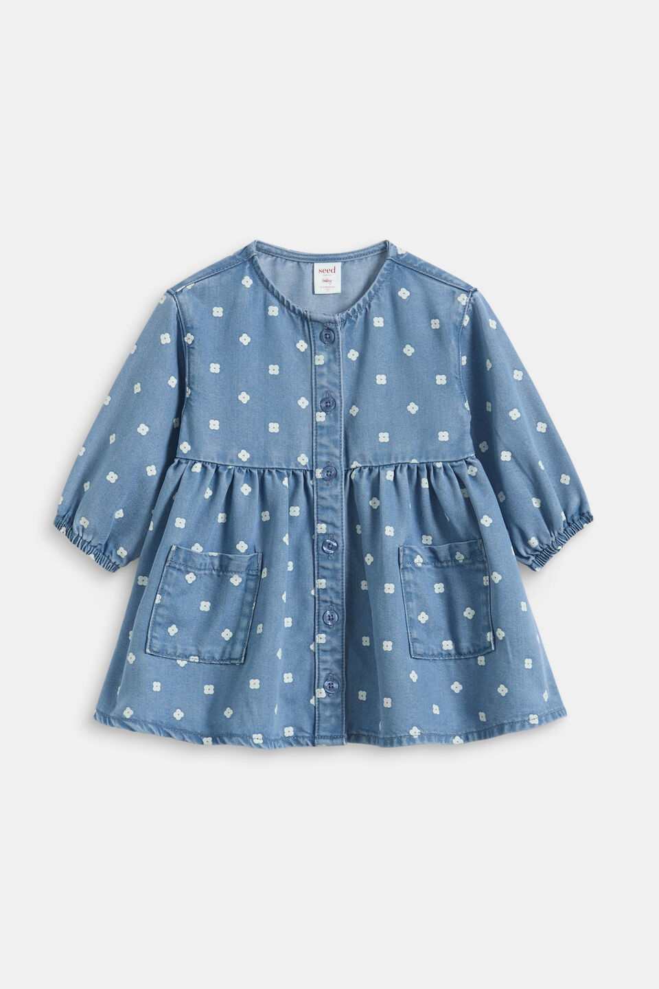Floral Denim Dress  Mid Blue