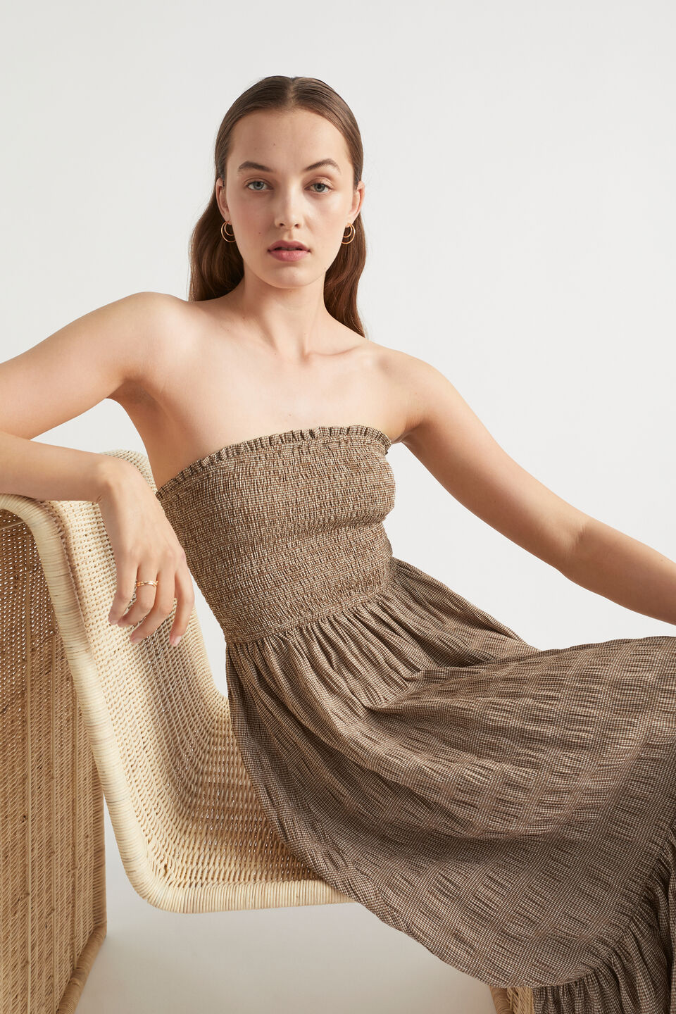 Textured Gingham Strapless Midi Dress  Pecan Brown Gingham
