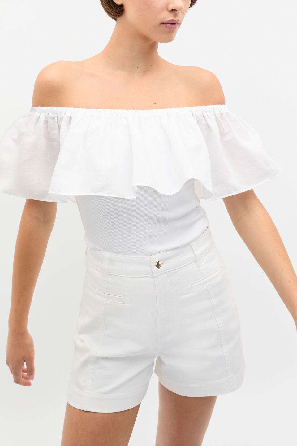 Off Shoulder Ruffle Top  Whisper White