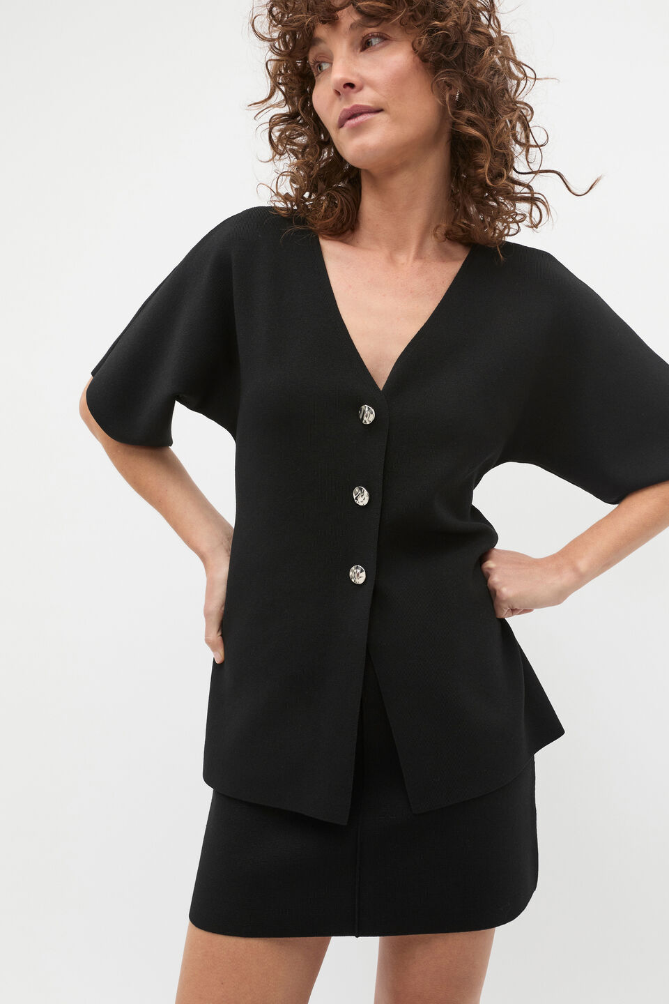 Crepe Knit Batwing Cardigan  Black