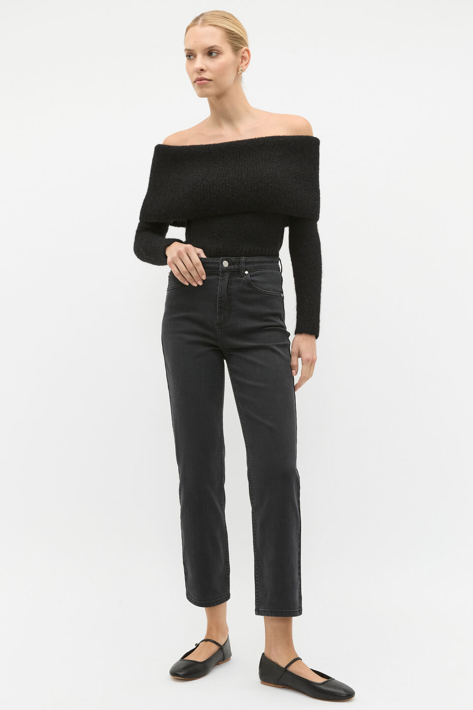 Rib Off Shoulder Knit  Black