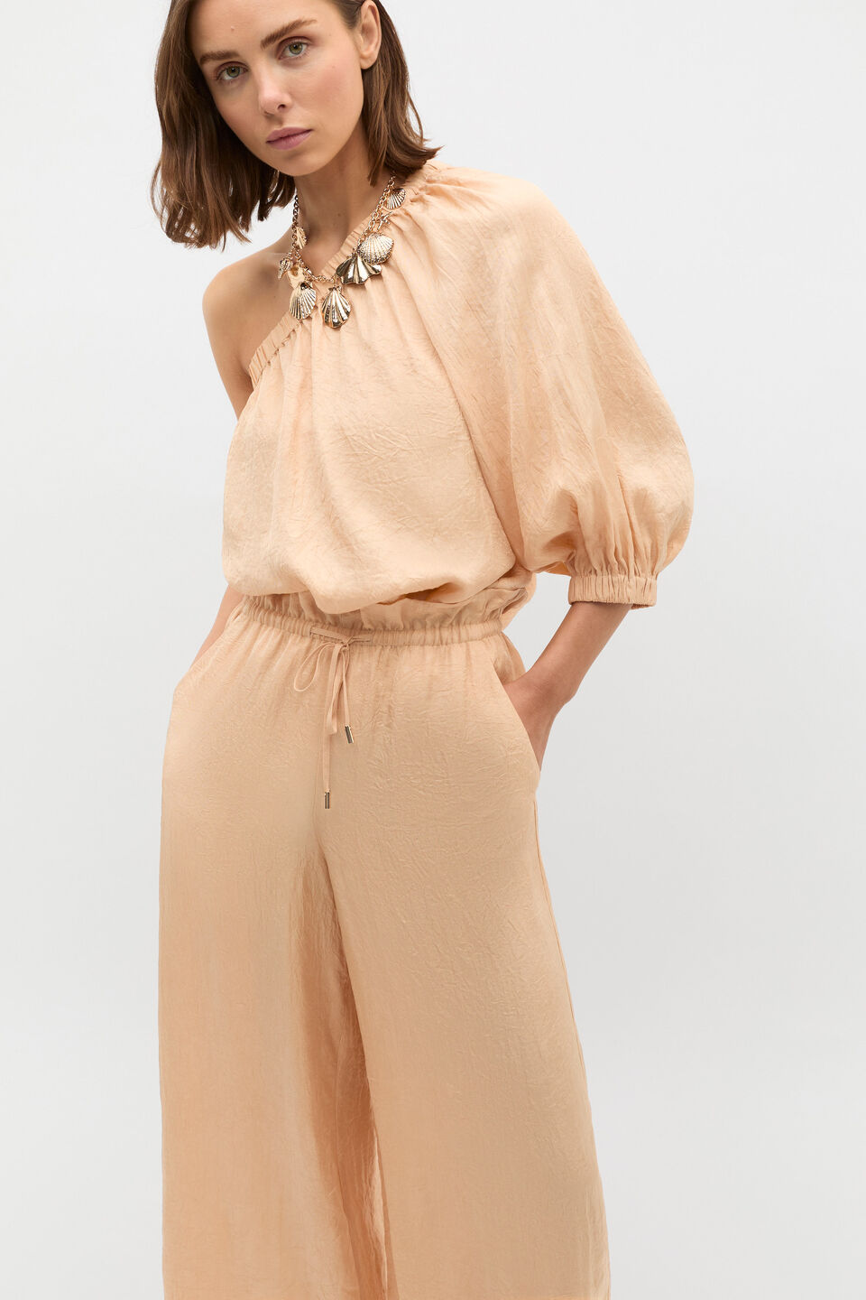 Textured Satin One Shoulder Blouse  Apricot
