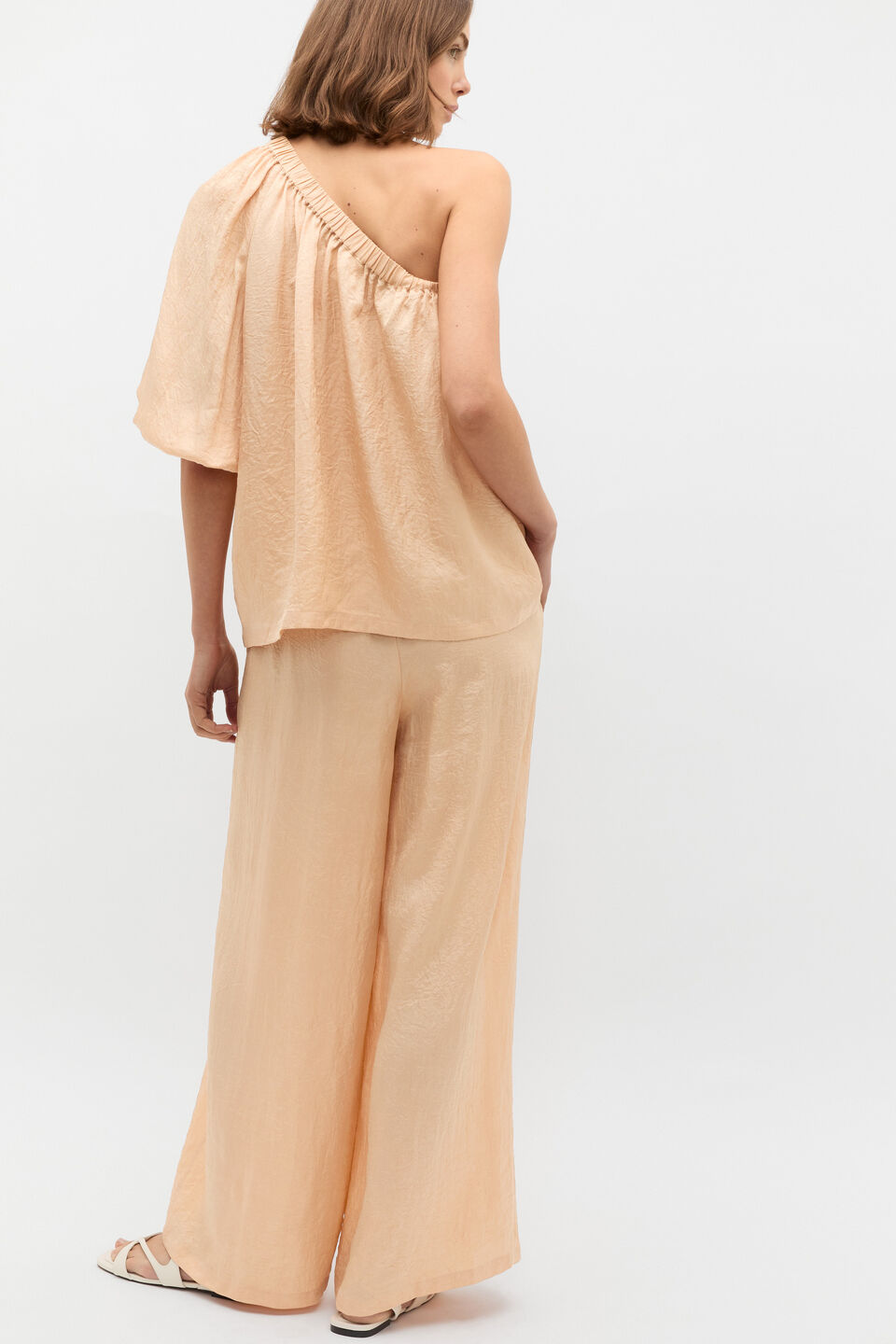 Textured Satin One Shoulder Blouse  Apricot