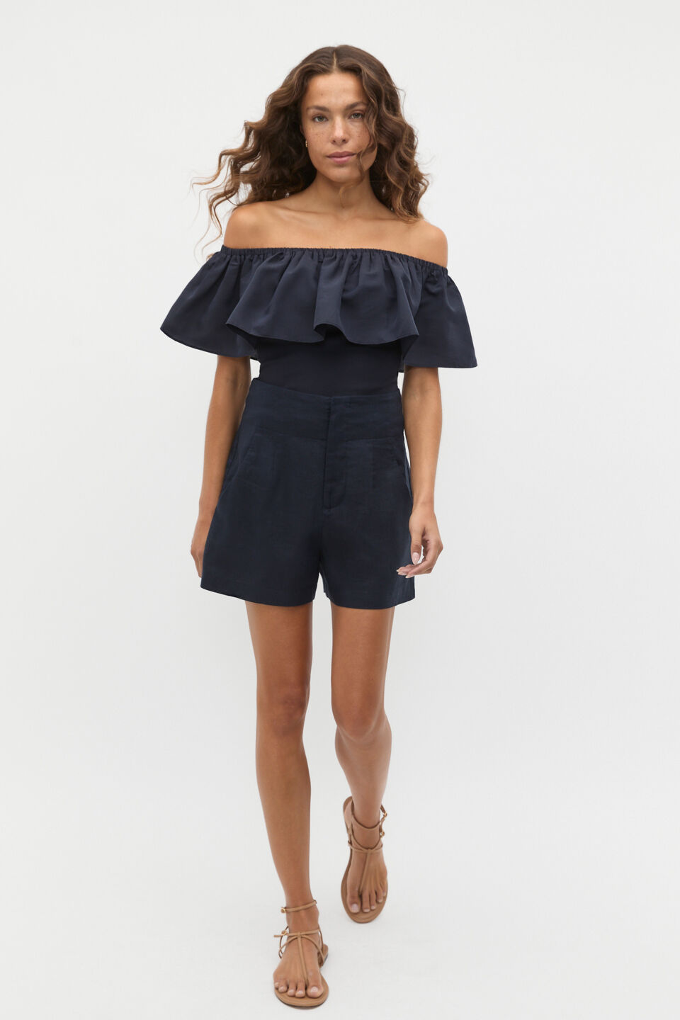 Off Shoulder Ruffle Top  Twilight Blue