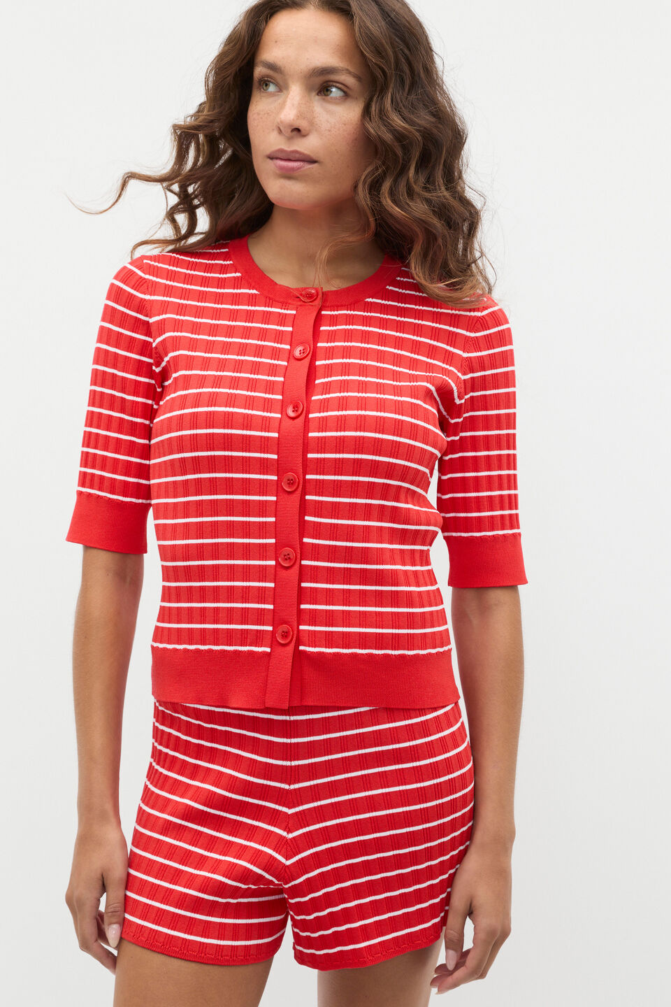 Stripe Rib Knit Short Sleeve Cardigan  Electric Crimson Stripe