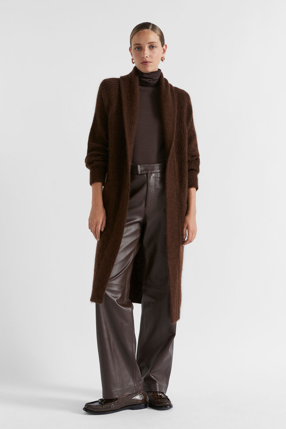 Mohair Blend Rib Cardigan  Dark Espresso Marle