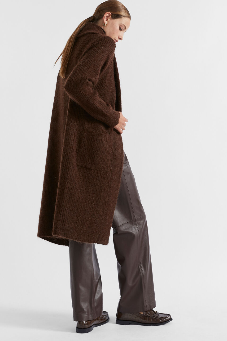 Mohair Blend Rib Cardigan  Dark Espresso Marle