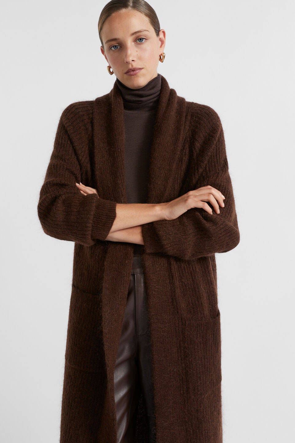 Mohair Blend Rib Cardigan  Dark Espresso Marle