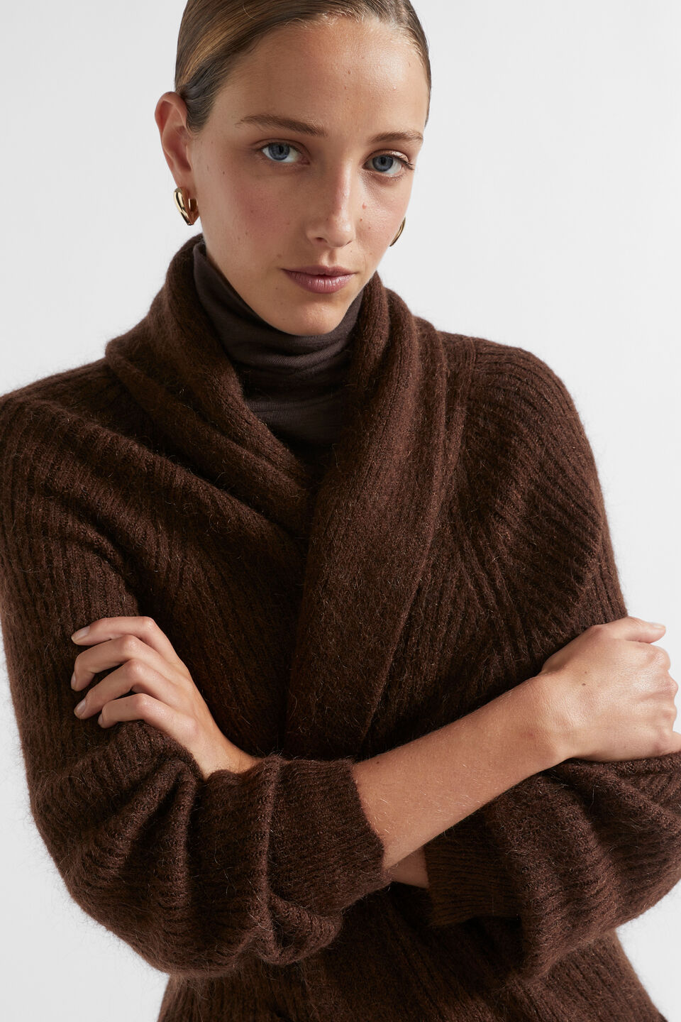 Mohair Blend Rib Cardigan  Dark Espresso Marle