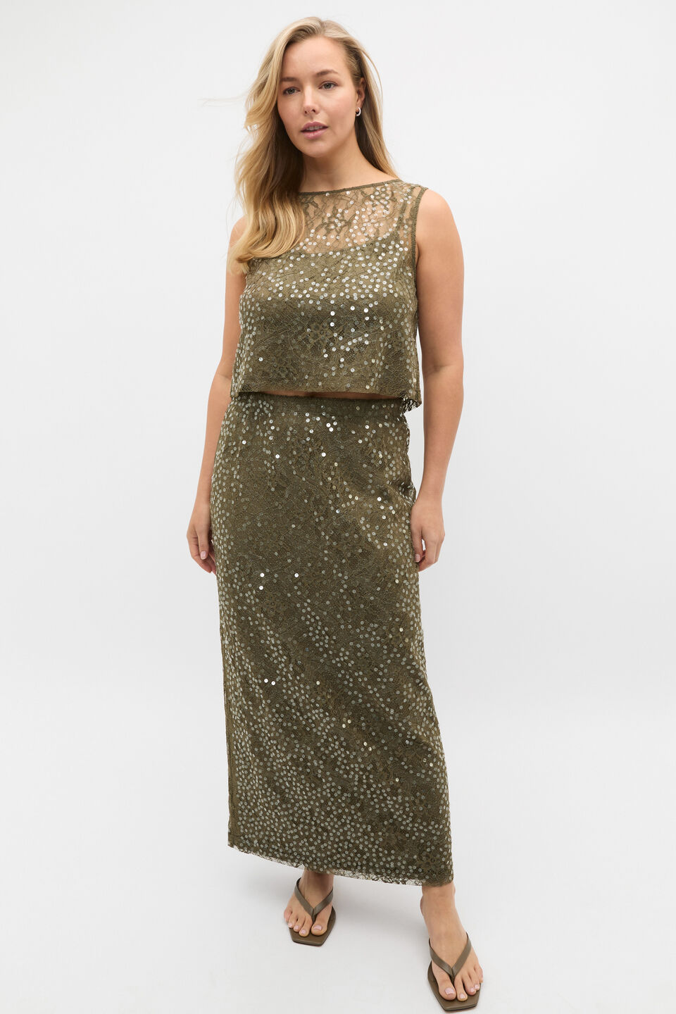 Sequin Lace Skirt  Olive Leaf