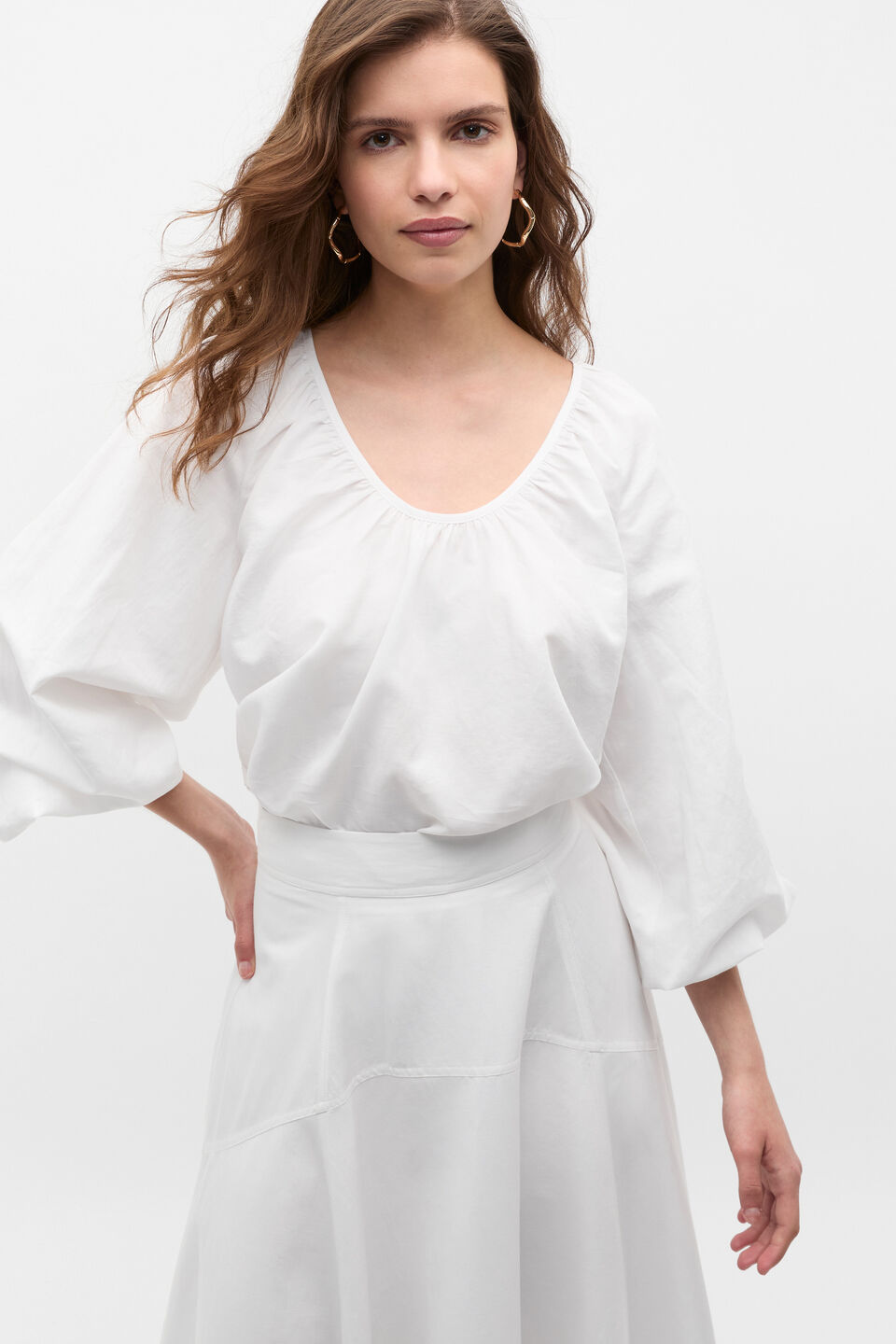 Scoop Neck Blouson Sleeve Top  Whisper White