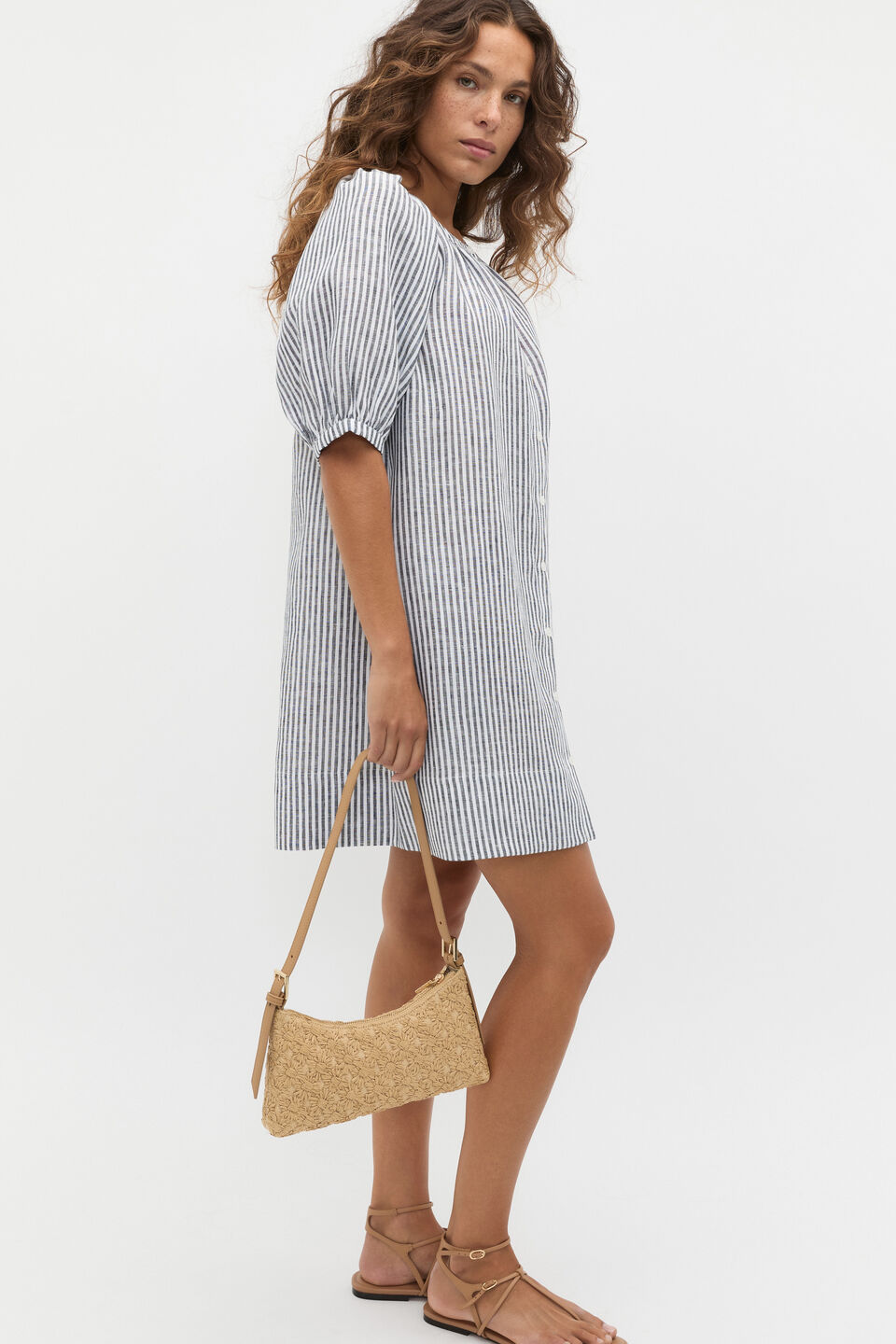 Linen Gathered Mini Dress  Twilight Blue Stripe