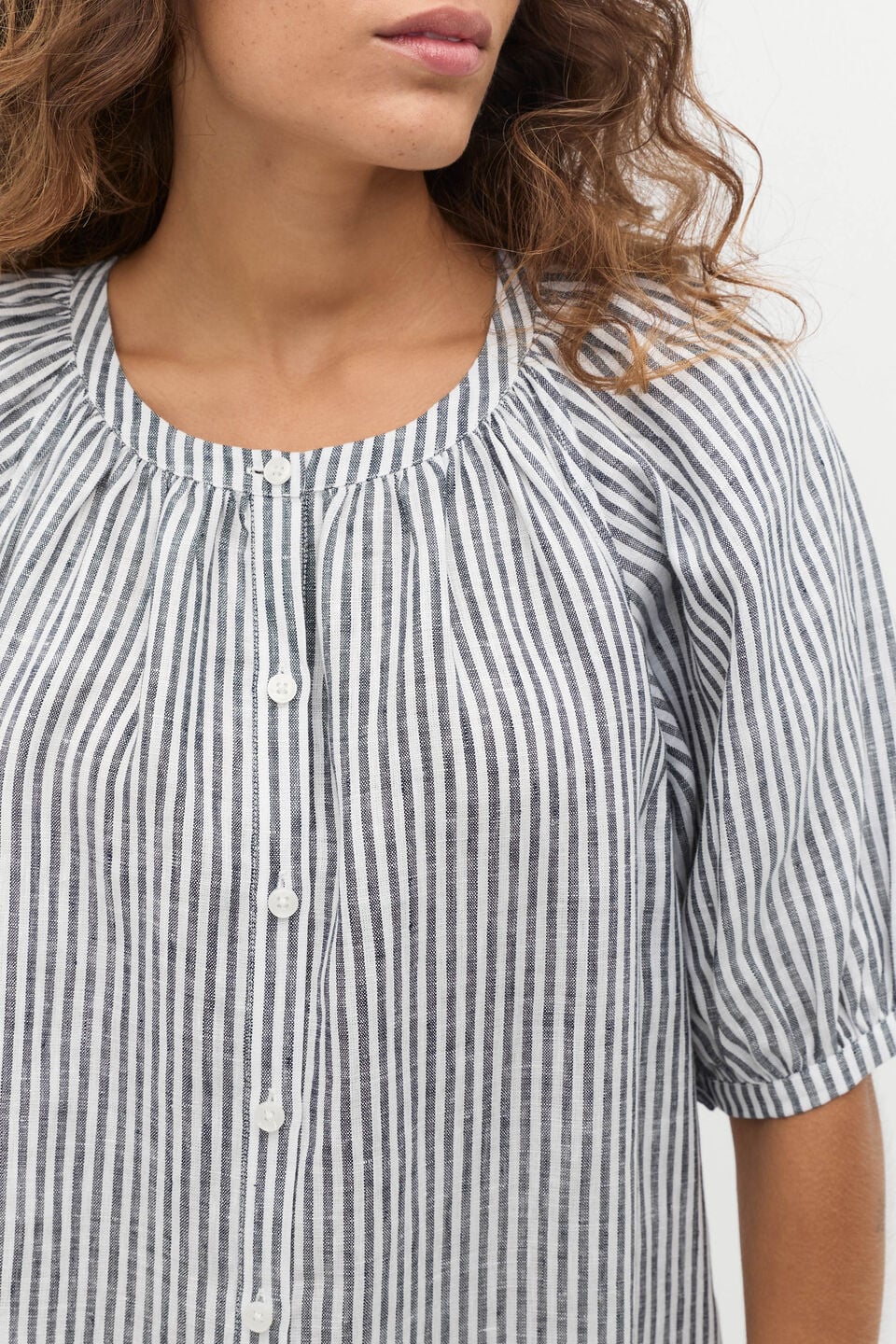 Linen Gathered Mini Dress  Twilight Blue Stripe