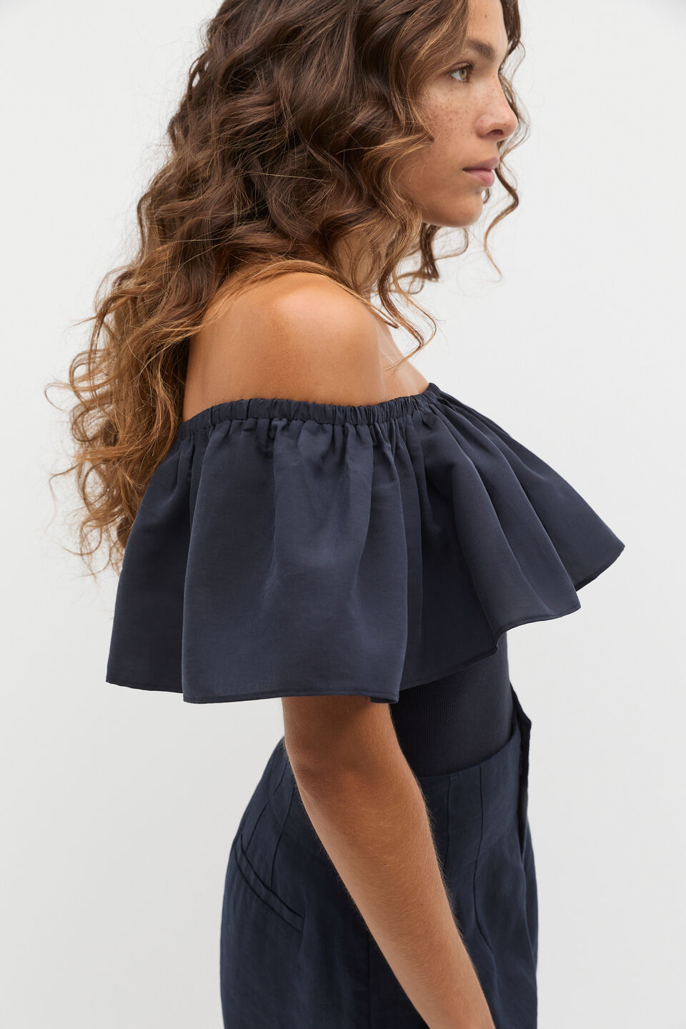 Off Shoulder Ruffle Top  Twilight Blue