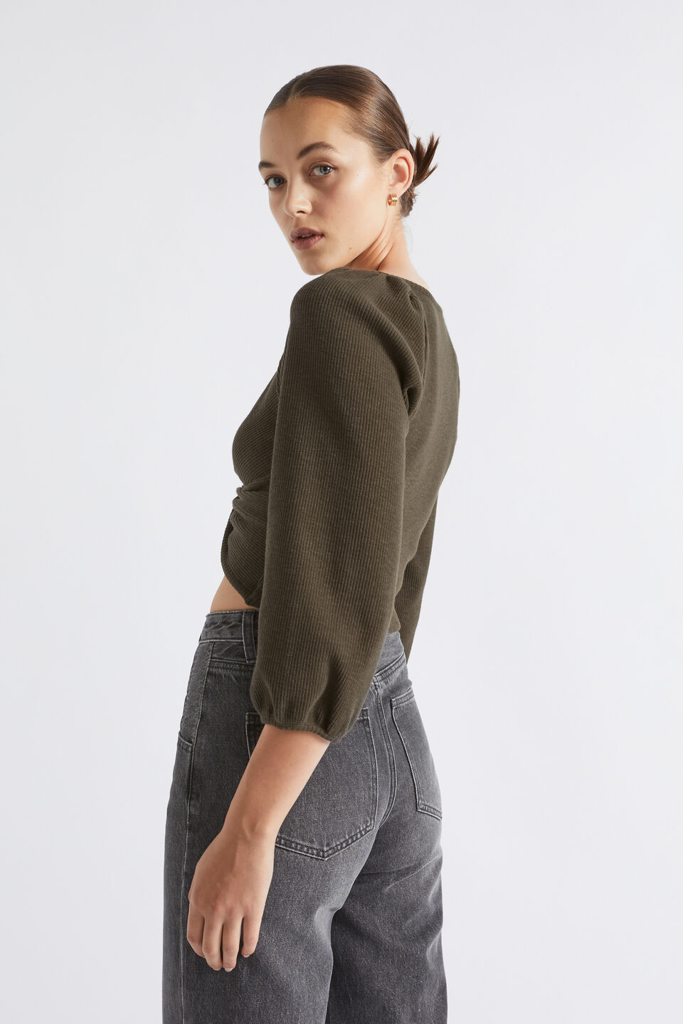 Twist Front Rib Top  Dark Fern