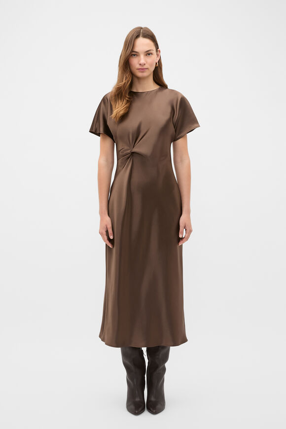 Satin Knot Front Dress  Chestnut  hi-res