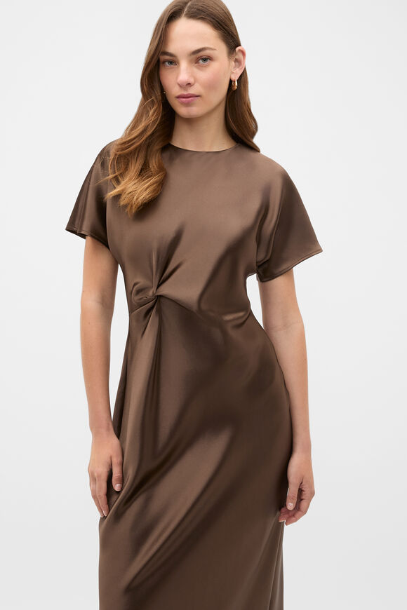 Satin Knot Front Dress  Chestnut  hi-res