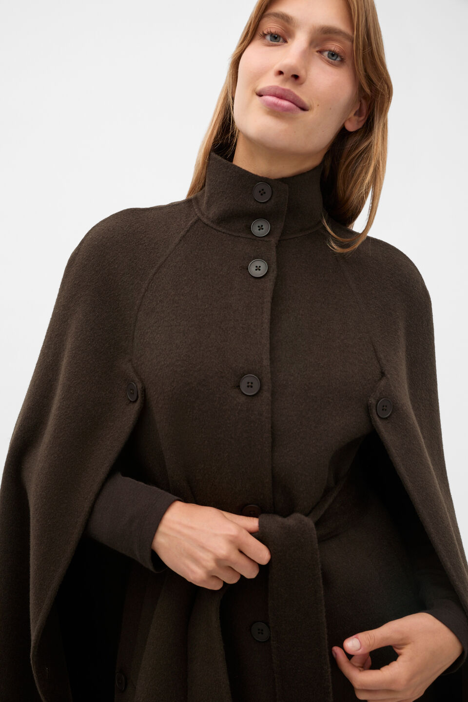 Wool Blend Cape Coat  Coffee Bean