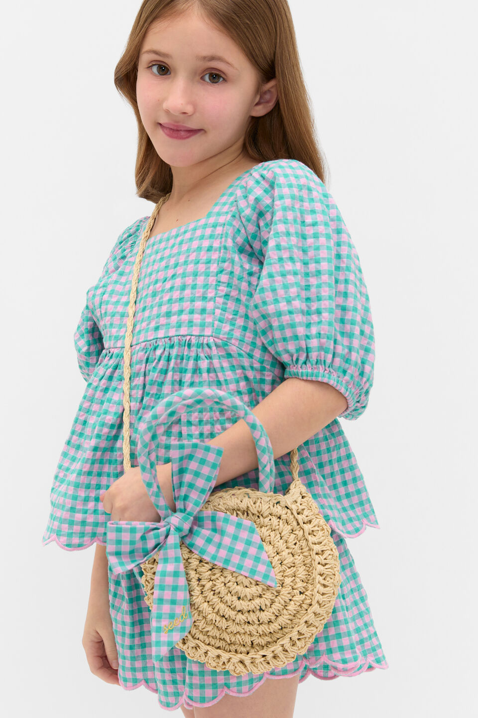 Gingham Straw Bag  Natural