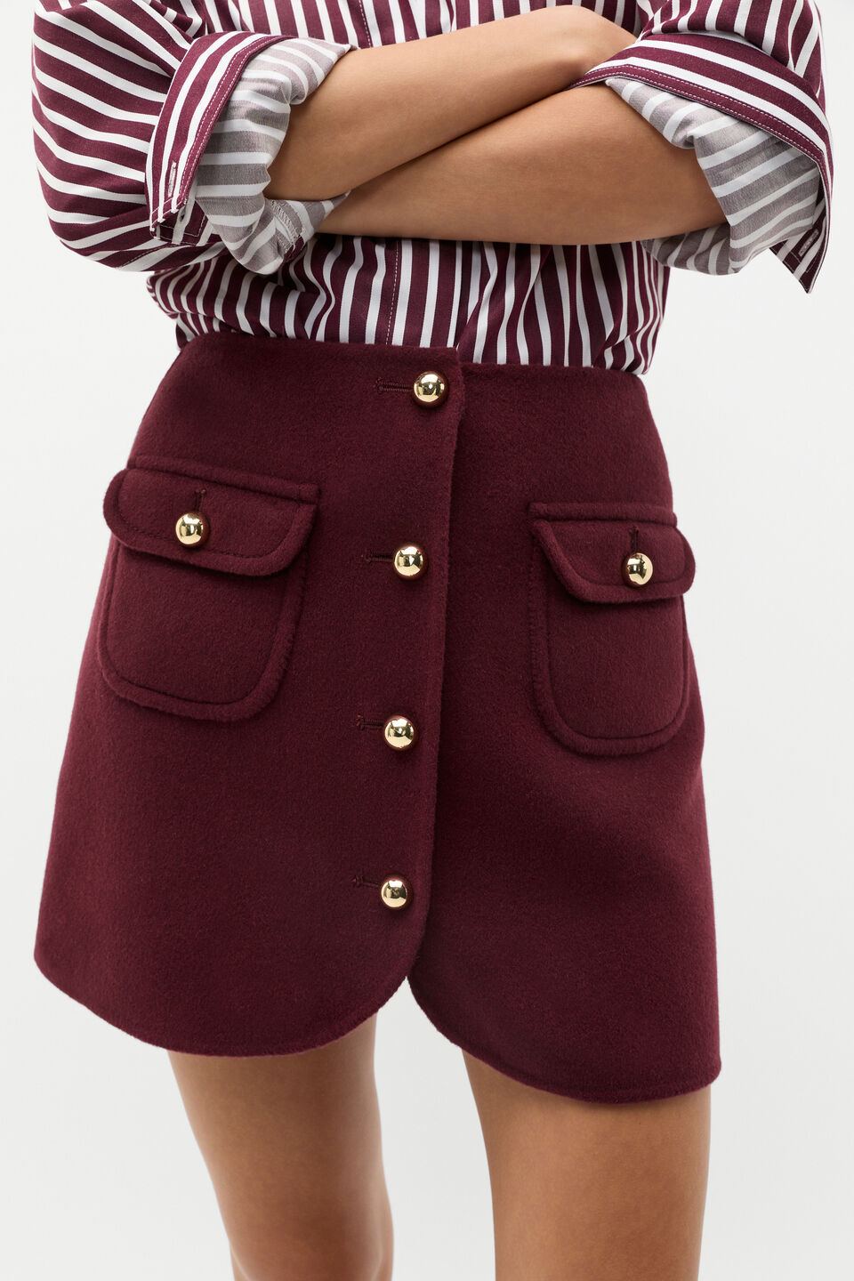 Wool Blend Button Mini  Plum Red