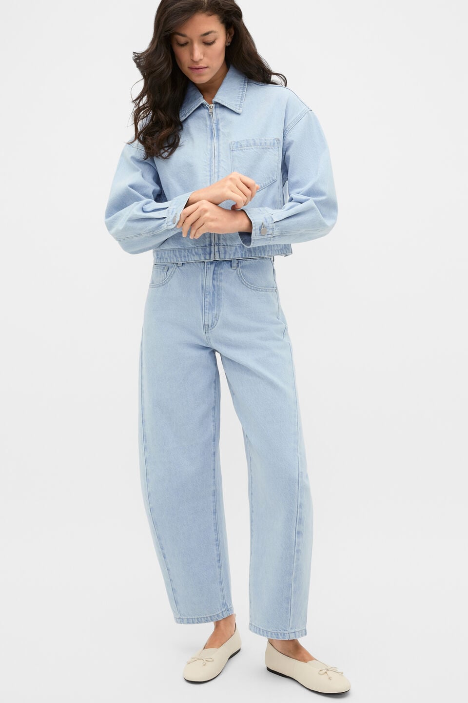 Cropped Zip Front Denim Jacket  Ice Blue Denim