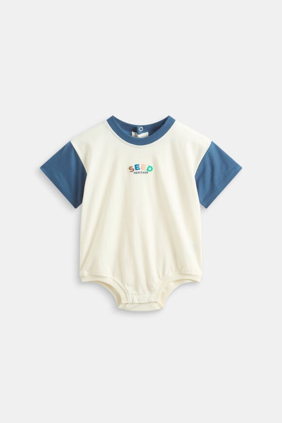 Colourblock Logo Romper  Washed Navy  hi-res